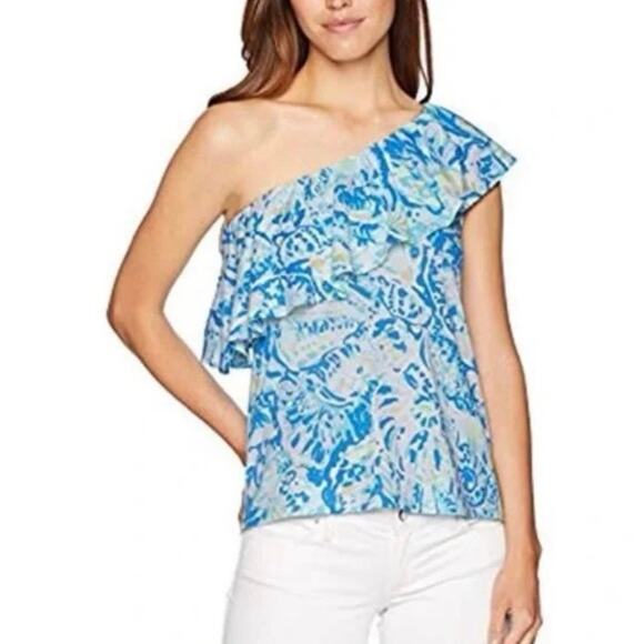 NEW Lilly Pulitzer Matteo Top in Bennet Blue Salty Seas size Medium One Shoulder - Picture 1 of 9